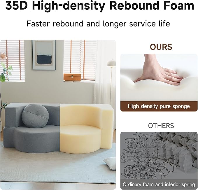2-in-1 Convertible Folding Sofa Bed Sleeper Sofa with Pillow Teddy Fabric High-Density Foam Floor Mattress Sleeper for Living Room Guest Use Office Apartment No Assembly Required (Grey)