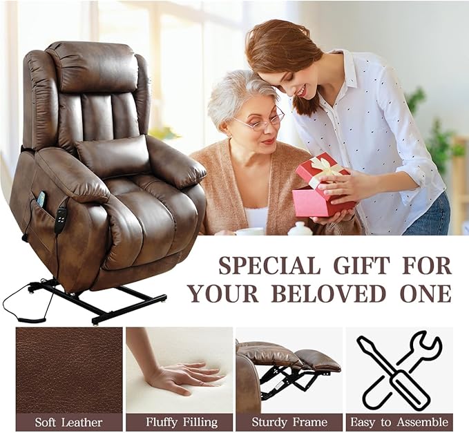 Infinite Position Lay Flat Lift Recliner Chair for Adults Dual Motor Power Lift Chair for Elderly with Massage &amp Heating Extended Footrest USB Ports Remote Control &amp Lumbar Pillow Leather