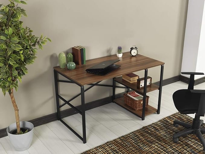 Sage Black Metal e 47 Wooden Top 2 Shelves Writing and Computer Desk for Home Office Walnut
