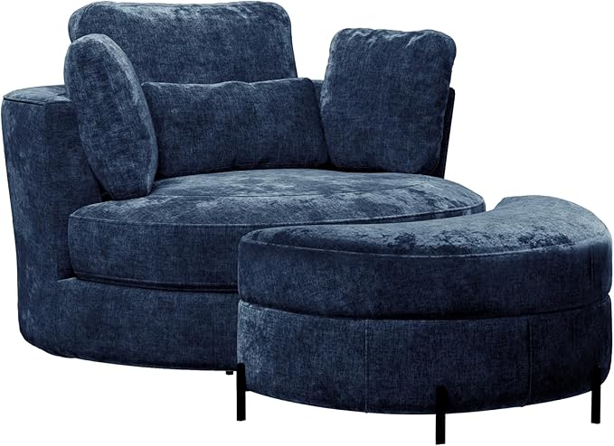 Chifee &amp Vingol Swivel Accent Chair with Ottoman 50.2 Round Swivel Chair Storage Ottoman &amp Pillows 360° Barrel Chair for Living Room Bedroom OfficeChenilleNavy
