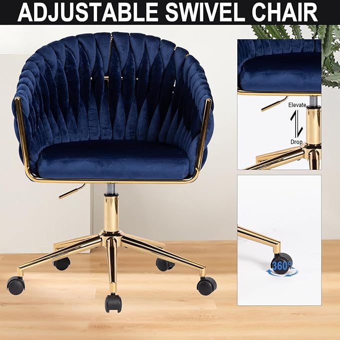 Velvet Office Chair with Back Vanity Chairs with Wheels 360° Swivel Velvet Home Office Desk Chair Accent Chair Makeup Vanity Chair for Bedroom Living Room(Blue)