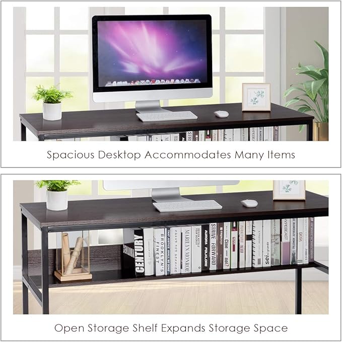 Tangkula 55 Inches Computer Desk with Bookshelf Study Writing Table w/Storage Shelf &amp Sturdy Metal Frame Home Office Desk with Adjustable Foot Pads &amp Spacious Desktop Computer Workstation