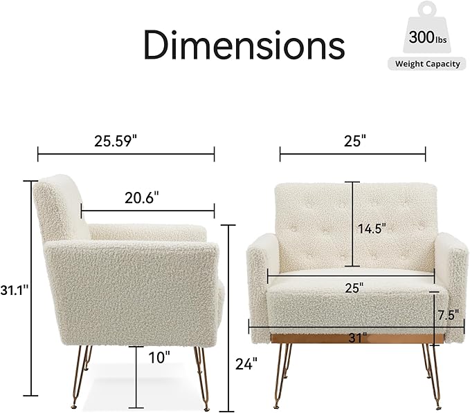KEIKI Small Teddy Accent Chair 31 Inch Modern Tufted Upholstered Armchair with Metal Leg Comfortable Single Sofa Side Reading Chairs Comfy Arm Chair for Bedroom Living Room Easy Assembly White