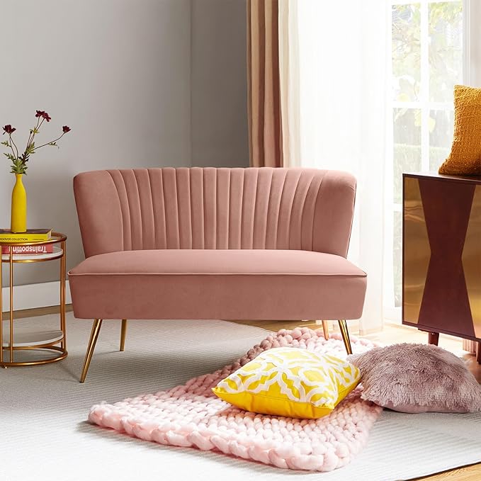 HULALA HOME Velvet Loveseat Sofa with Gold Legs Mid-Century Modern Upholstered Love seat Couch Tufted Small 2-Seat Sofa Armless for Living Room Bedroom Apartment Small Spaces Pink