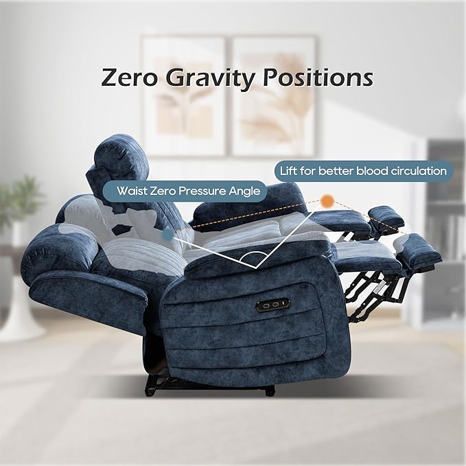 Zero Gravity Power Reclining Sofa with Adjustable Headrest Electric Reclining Couch with Wireless Charge USB Ports Power Loveseat Recliner Sofa for Living Room (Blue-Sofa)