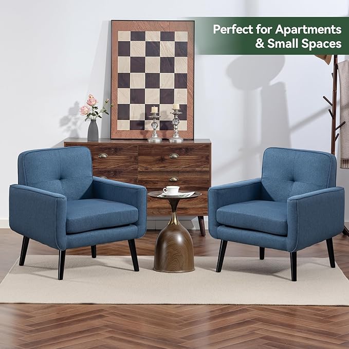 Mid Century Accent Chair Fabric Modern Chair with Wooden Frame Cozy Armchair Reading Chair with Comfy Back for Apartment Living Room Bedroom Waiting Room Small Space Corner Blue