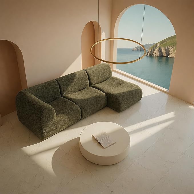 Curved Sectional Modular Couch with Chaise Modern 105.91'' Boneless Sofa with Deep Seat Sherpa Boucle Cloud Couch for Living Room Cozy Teddy L-Shaped Couches No Assembly Green