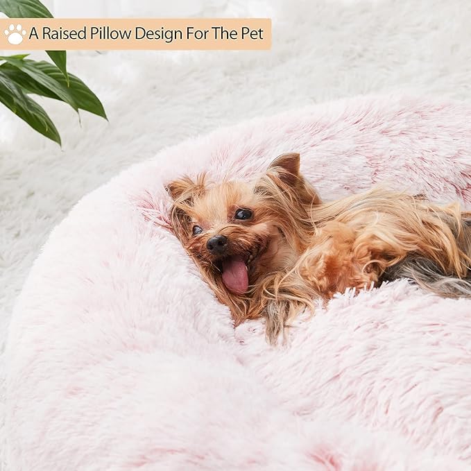 WNPETHOME Calming Dog Bed &amp Cat Bed Donut Faux Fur Self-Warming Donut Cuddler Comfortable Round Plush Pet Beds (27 x 27 x 8 Inch Light Pink)