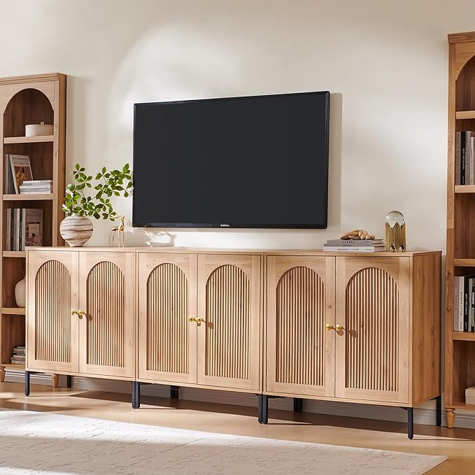 Modern TV Stands for 80 inch tvs 92.63 W Wood Entertainment Center w/Adjustable Shelves Mid Century Modern TV Stand w/Arched Fluted Doors Media Console Cabinet for Living Room Natural