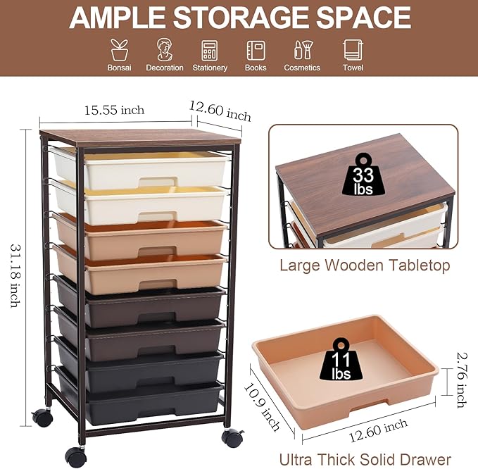 Rolling Storage Cart with Drawers Rolling Drawer Cart and Wooden TabletopStorage Drawer Cart for Living RoomClassroomBedroomBathroomDormOfficeBrown Gradient