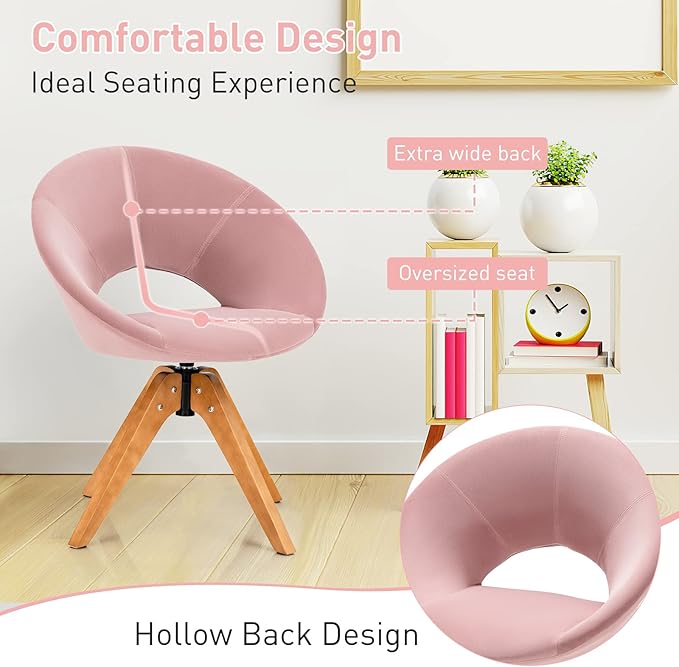 Giantex Swivel Accent Chair Modern Office Chair with Wood Legs Oversized Upholstered Seat Round Tufted Back Velvet Vanity Chair for Living Room Bedroom Pink