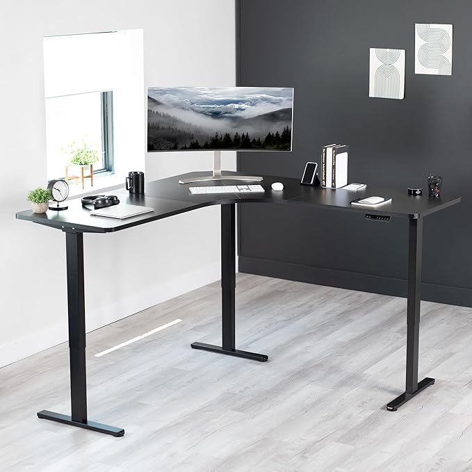 VIVO Electric Multi-Motor Height Adjustable Corner 3 Leg Standing Desk Frame Sit Stand Ergonomic L Frame with Push Button Controller Black DESK-V123EB