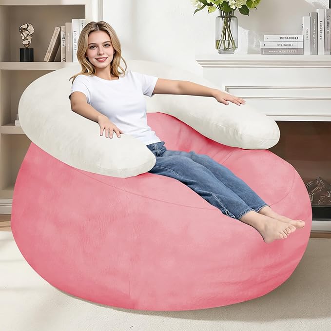 HABUTWAY Giant Bean Bag Chair Oversized Beanbag Chair with Filler Ultra Soft Faux Fur Bean Bag Lounge Floor Sofa w/U-Shaped Pillow for Gaming Reading Pink &amp Beige
