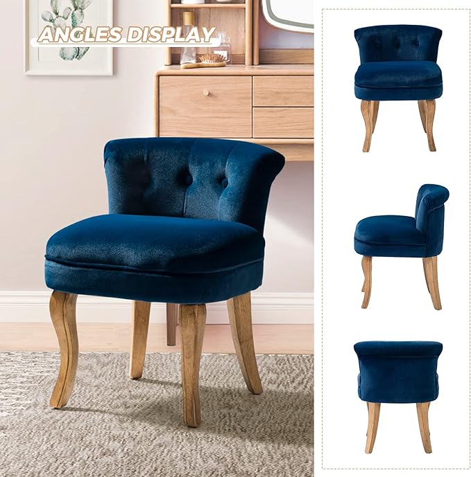 HULALA HOME Velvet Vanity Stool with Low Back Modern Vanity Chair with Solid Wood Legs Small Upholstered Makeup Chair Home Decor for Bedroom Living Room Dressing Table Women Girls Navy