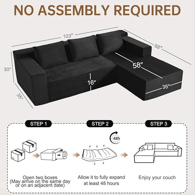 103 Cloud Sectional Sofa Boneless L-Shape Couch with Chaise Modern Minimalist Modular Couch for Living Room Free Combination Deep Seat No Assembly Required Premium Corduroy Black R