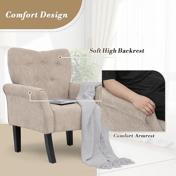 Athena Collection Mid Century Modern Chair for Living Room Upholstered Wingback Reading Chair for Adults Comfy Linen Fabric Armchair with Wooden Legs for Bedroom Dorm Balcony Beige