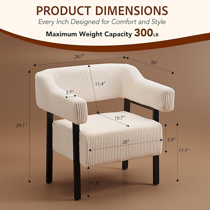 Corduroy Upholstered Accent Chair - Cozy Modern Decorative Armchair Comfortable Cute Corner Side Chairs for Living Room Bedroom Reading Nook Small Spaces (White-2 Pack Black Leg)