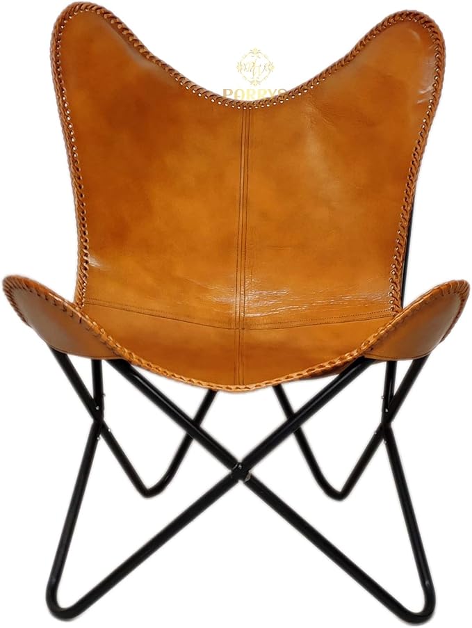 Parry Leather Butterfly Chair for Living Room - Handcrafted Brown Buffalo Leather Foldable Powder Coated Iron Frame Relaxing Chair for Home Decor Lounge Accent Outdoor Indoor