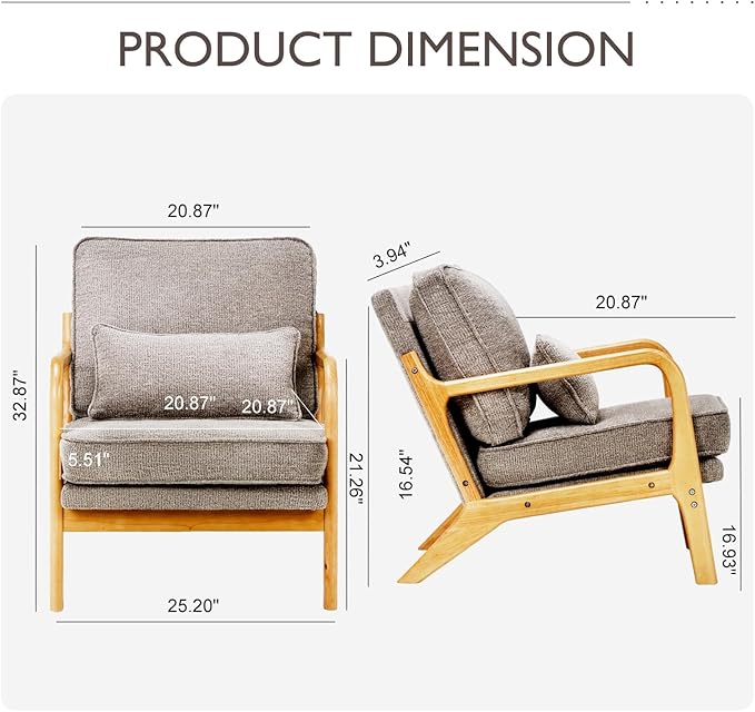 Mid-Century Accent Chair with Solid Wood Frame Reading Relaxing Armchair Lumbar Pillow&ampSoft Cushion Leisure Chair for Living Room Bedroom Waiting Room-Grey