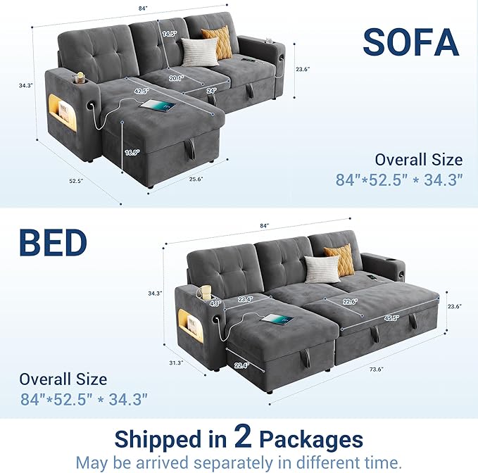 GarveeHome 84 Inch Sleeper Sofa Bed L-Shaped Sofa Convertible Pull Out Couch Bed with Storage Charging Station LED Lights Modern Sectional Sofa for Living Room Apartment Velvet Dark Grey