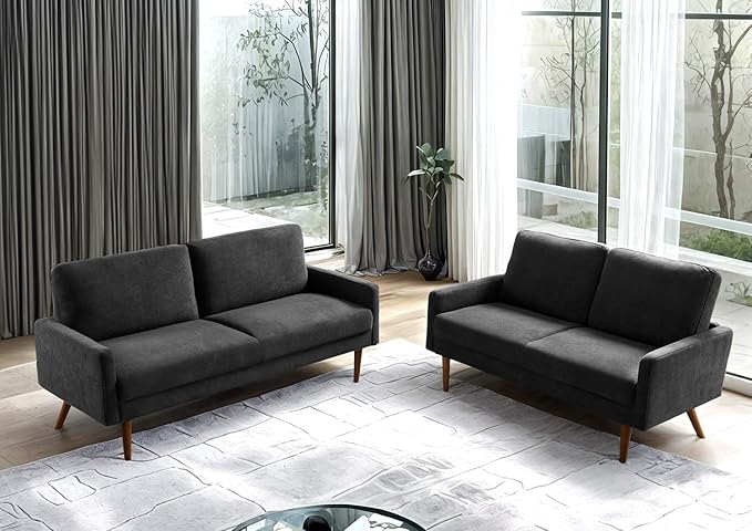 Kent 2 Piece Velvet Sofa and Loveseat Set European Style with Modern &amp Vintage Flair Upholstered 5 Seater Couch Chic Living Room Furniture Seating for Home Apartment or Office Black