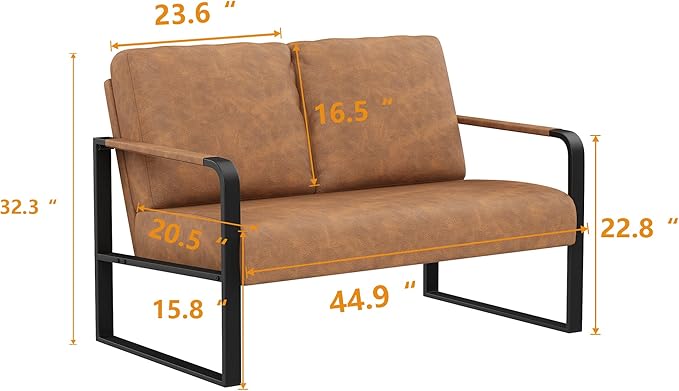 Love Seat Mini Couch Small Settee Loveseat Bench for Living Room Faux Leather Loveseat Sofa Couches for Small Spaces with Padded Cushion Mid Century Modern Light Brown Love Seats