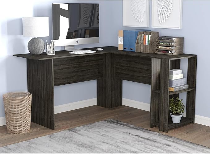 Pemberly Row 55 L L-Shaped Computer Desk Dark Gray Finish Engineered Wood and Metal 2-Shelves Modern Style Spacious Workstation for Home Office or Study