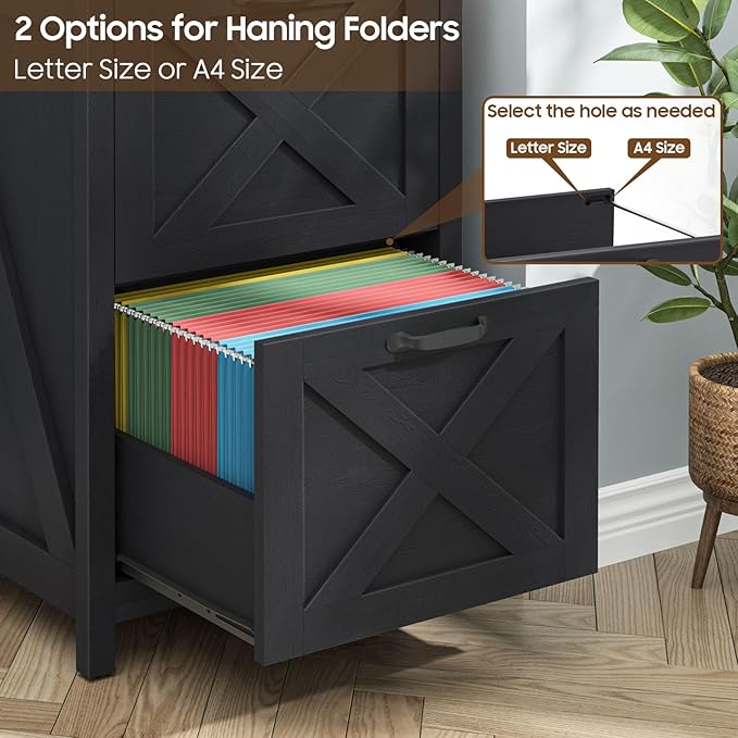 2 Drawer Small File Cabinet Farmhouse Vertical Filing Cabinet Fits Letter and A4 Size Under Desk Wooden File Cabinets for Home Office Printer Stand Black