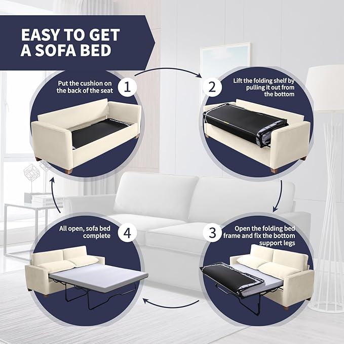 ZAFLY 70 Pull Out Sofa Bed Convertible Sleeper Sofa with Memory Foam Mattress Velvet Modern Couch Bed for Home Apartment Easy Assembly - Beige
