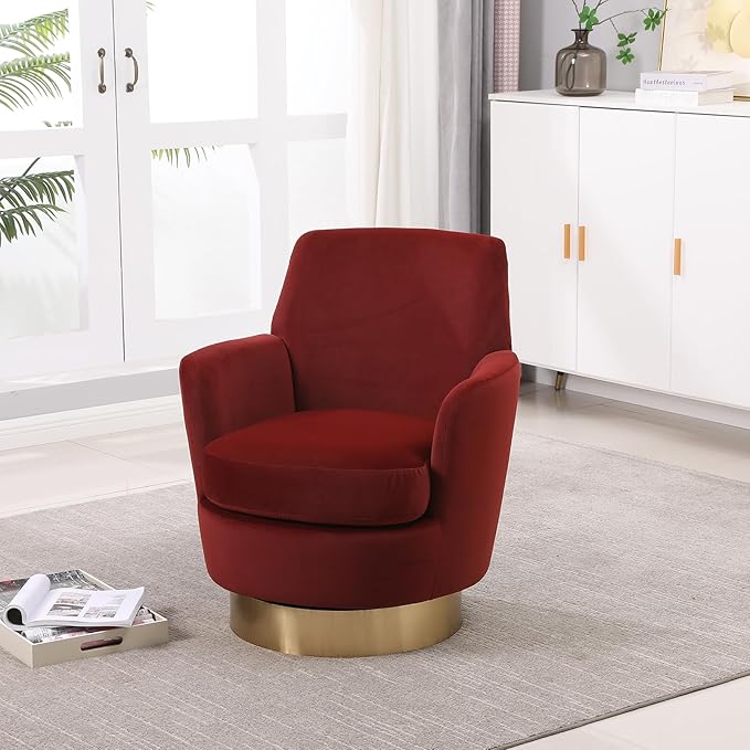 360° Swivel Barrel Accent Chair Comfy Round Accent Chairs with Gold Iron Base &amp Dual-Layer Cushion Modern Lounge Reading Armchair Upholstered Sofa Chair for Living Room Bedroom(Velvet Red)