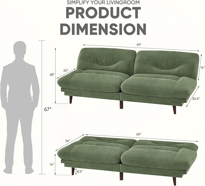 JUMMICO Convertible Futon Sofa Bed Sleeper Futon Couch with Adjustable Backrest and Armrests Modern Loveseat with Sturdy Wood Frame for Small Spaces Apartments (Corduroy Green)