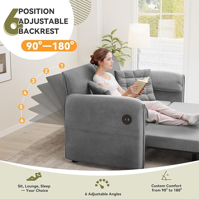 3-in-1 Convertible Sleeper Sofa Bed 62.9 W x 87 L Couch with Pull Out Bed with 6-Position BackrestHidden Storage &amp USB for Living RoomLight Grey