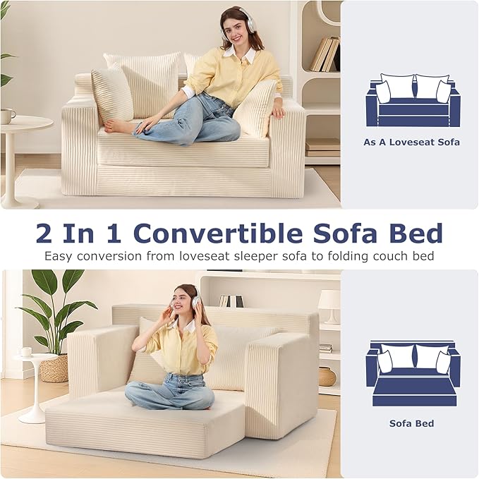 Convertible Sofa Bed Boneless Couch Loveseat Sleeper 2 in 1 Folding Couch Bed Fold Out Comfy Floor Futon Sofa with Pillows for Living Room Bedroom Beige