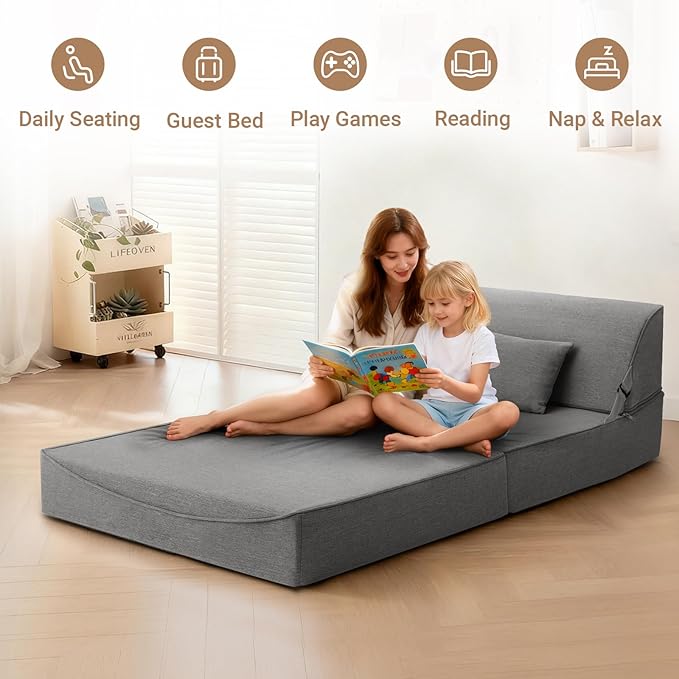 BeBen Folding Sofa Bed Chair Convertible Sleeper Chair Futon Couch Foldable Boneless Floor Lounger Sofa Twin Foam Chair Bed for Small Spaces Dorm Guest Room Living Room Apartment Grey