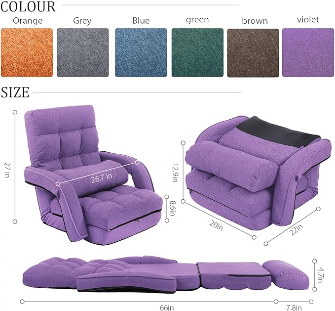 FLOGUOR 42-Position Adjustable Floor Chair Chaise Lounge Indoor Folding Lazy Sofa with Armrests and a Pillow Padded Adults Gaming Chairs for Living Room Bedroom Factory Price 8803XM (Purple)