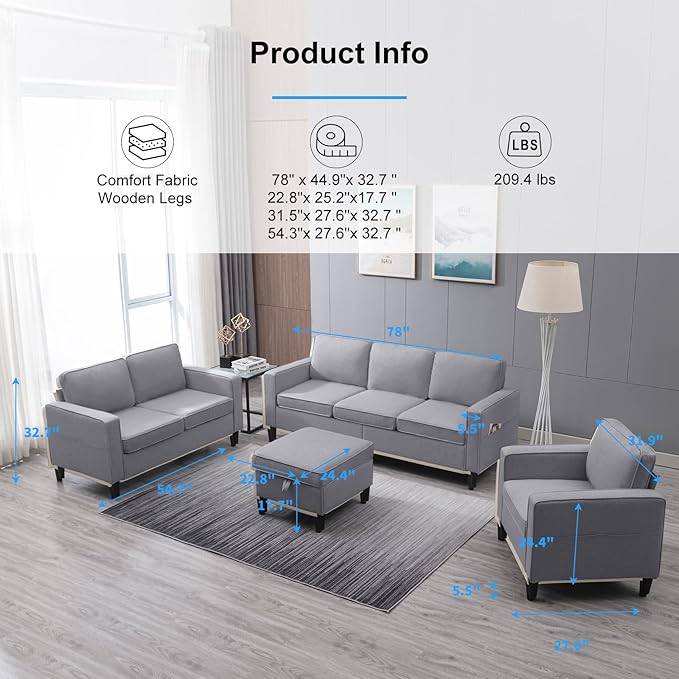 PUREMIND 3 Pcs Sofa Set Couches Set with Wooden Sofa Legs Linen Living Room Furniture w Storage Ottoman &amp Storage Pockets Sectional Sofas Includes 3-Seater+ Loveseat+Armchair Light Grey
