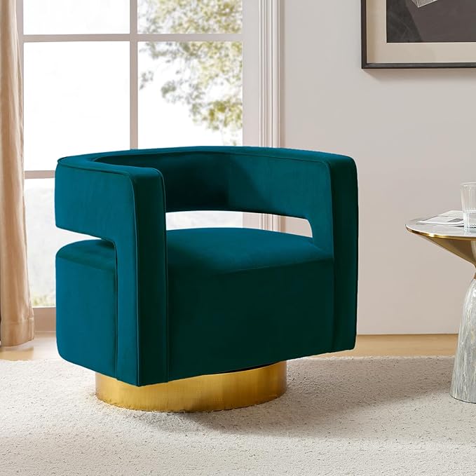 TINA'S HOME Swivel Accent Barrel Chair Modern Velvet Armchair with 3D Curved Open Back &amp Swivel Gold Metal Base Upholstered Club Chair for Living Room Bedroom Nursery Teal(No Assembly Required)