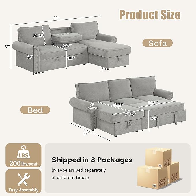 95 Convertible Sofa Bed Sectional Sofa Sleeper with Storage Chaise Pull-Down Backrest with 2 Cup Holders Arc Armrests with Nailhead Trim Polyester Fabric Acacia Wood Frame (Grey-12s)