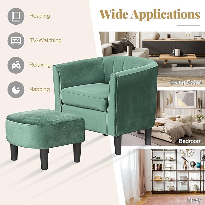 Accent Chair with Ottoman Upholstered Velvet Club Barrel Reading Chair with Footrest Modern Comfy Round Barrel Chairs for Bedroom Living Room Small Reading Spaces (1 Green)
