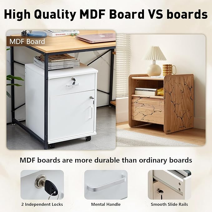 TUKAILAi Mobile File Cabinet with Lockable Drawer &amp Door Under Desk Rolling Filing Cabinet with 4 Wheels Wooden Stationery Storage Cabinet for Home Office (White)