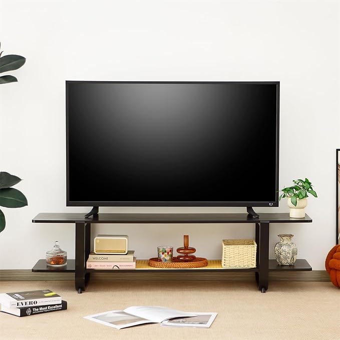 Bamboo TV Stand for TVs up to 65 Accent Entertainment Center with Storage Media Console Table with Shelf Modern TV Stand for Living Room Bedroom 54.3(L) Black