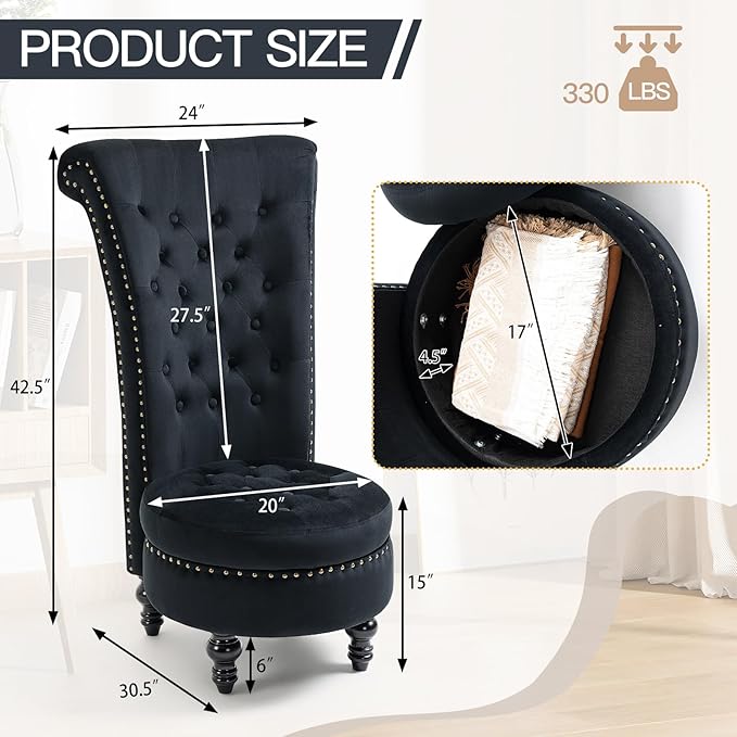 AVAWING High Back Throne Chair Velvet Armless Royal Accent Chair w/Storage Nailhead Trim &amp Rubberwood Legs for Living Room &amp Bedroom Black
