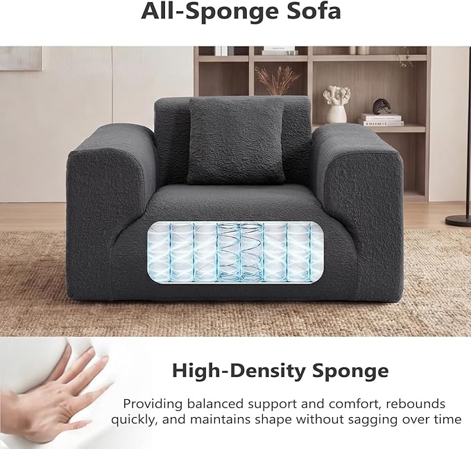 114 Oversized Boneless Couch with Moveable Ottoman Cloud Sectional Couches with Deep Seat 3 seat Modular Sofa Memory Foam Couch with Throw Pillow No Assembly Required Grey