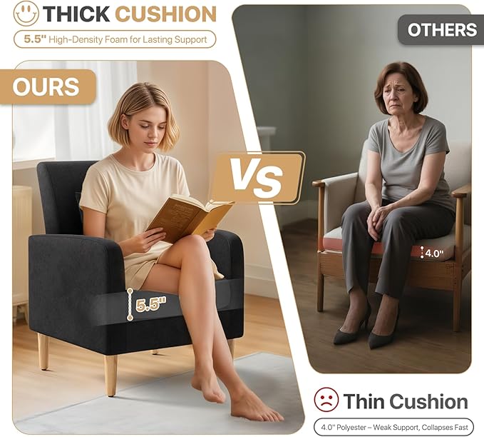 Magshion Mid-Century Accent Chair for Living Room Comfy Reading Chair for Bedroom Upholstered Linen Fabric Armchair Single Sofa with Back Pillow &amp Wood Legs 300 lbs Capacity Black