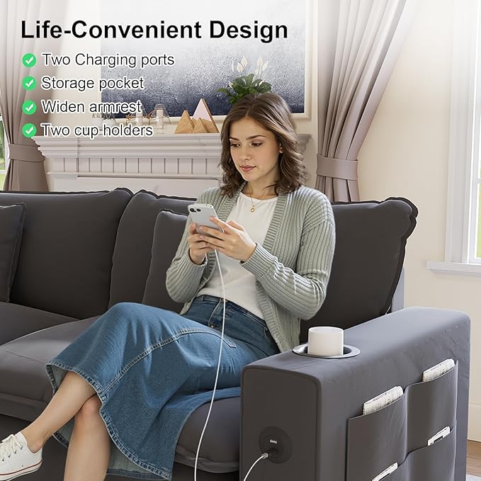 80.7 Modular Sectional Couch L Shaped Cloud Sofa with Movable Ottoman Chenille Deep Seat Cloud Couch with Charging Station Cup Holder Side Pocket Sectional Couches for Living Room Grey