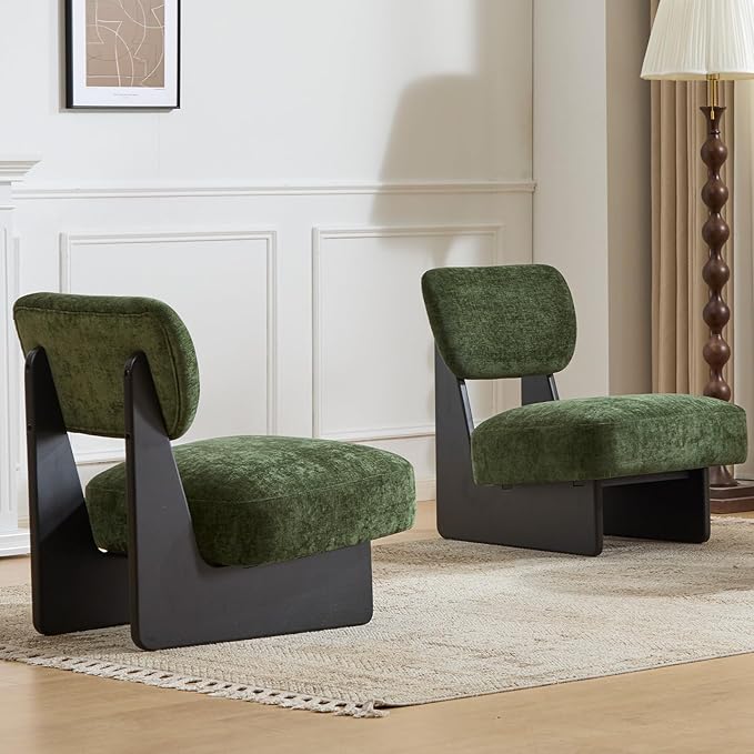 Green Accent Chair Set of 2 for Small Spaces Armless Accent Chair for Bedroom Side Chairs &amp Comfy Chairs for Living Room Wood Base Comfy Cushion Bedroom Office (Black+Green)