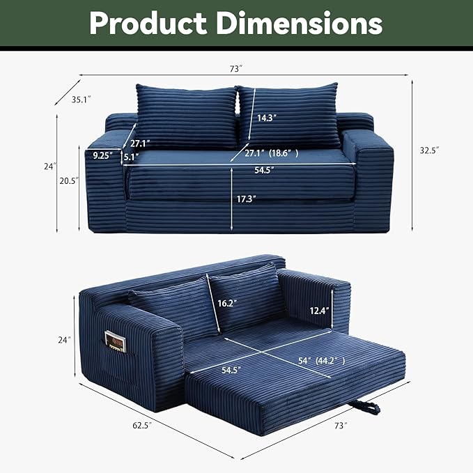 73 Convertible Sofa Bed Pull Out Boneless Loveseat Sleeper Sofa Corduroy Foldable Couch Bed with Storage Bag No Assembly Couch in a Box for Living Room Apartment (Blue)