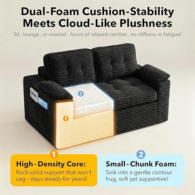 Boneless Loveseat Sofa 60in Cloud Couch Sofa for Living Room 2 Seater Modern Lounge Sleeper Couch with Removable Cover Corduroy with Armrest Seat Cushion &amp Pillows for Small Spaces Black
