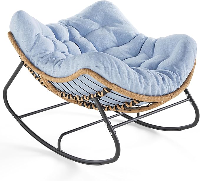 SWITTE Outdoor Rocking Chair Oversized Patio Papasan Rocker Comfy Wicker Reading Lounge Indoor Egg Chair for Bedroom Living Room Porch Garden Lawn-Light Blue