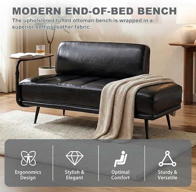 55 Faux Leather Upholstered Sofa Entryway Ottoman Modern End of Bed Bench with Side Table 360-degree Swivel Tray Couch Window Bench with Metal Legs for Bedroom Living Room (Black)
